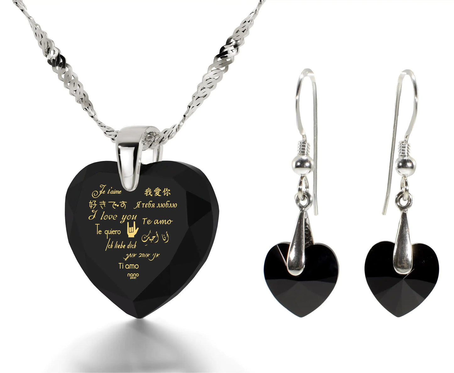 925 Silver I Love You Necklace 12 Languages Gold Inscribed and Crystal Earrings Heart Jewelry Set