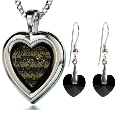 925 Silver Heart Jewelry Set I Love You Necklace in 120 Languages and Crystal Earrings