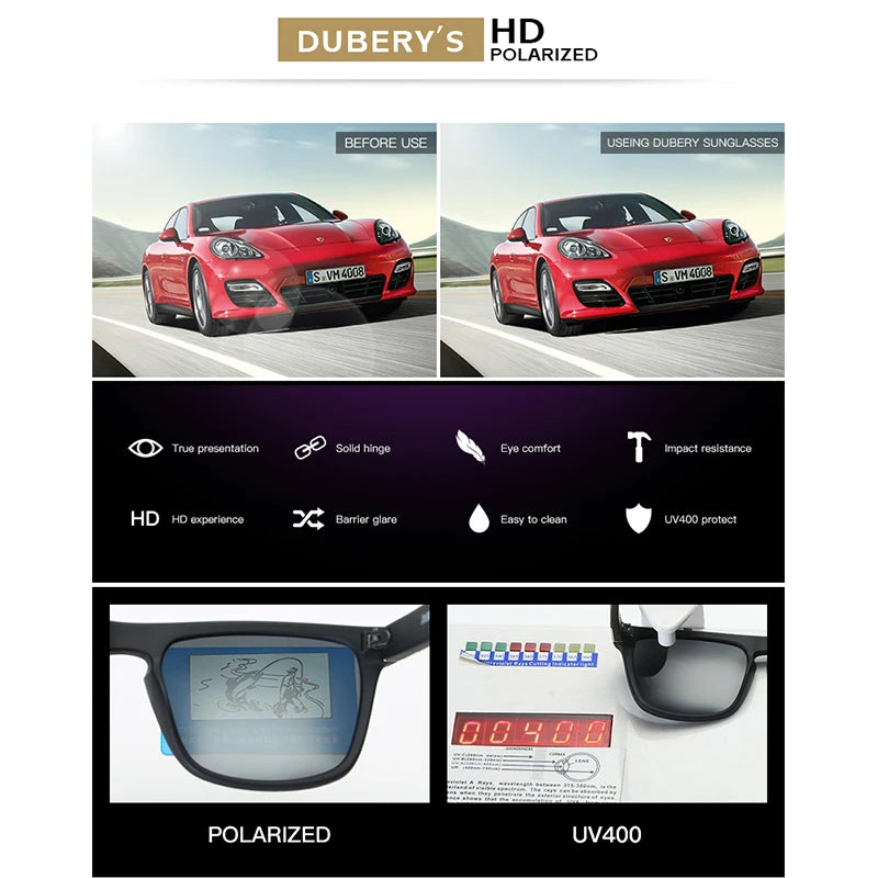 DUBERY Polarized Night Vision Sunglasses Men's  Driving  Sun Glasses For Men Square Sport  Brand Luxury Mirror Shades Oculos