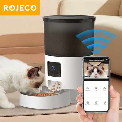 ROJECO Automatic Cat Feeder With Camera Video Food Dispenser Pet Smart Voice Recorder Remote Control Auto Feeder For Cat Dog