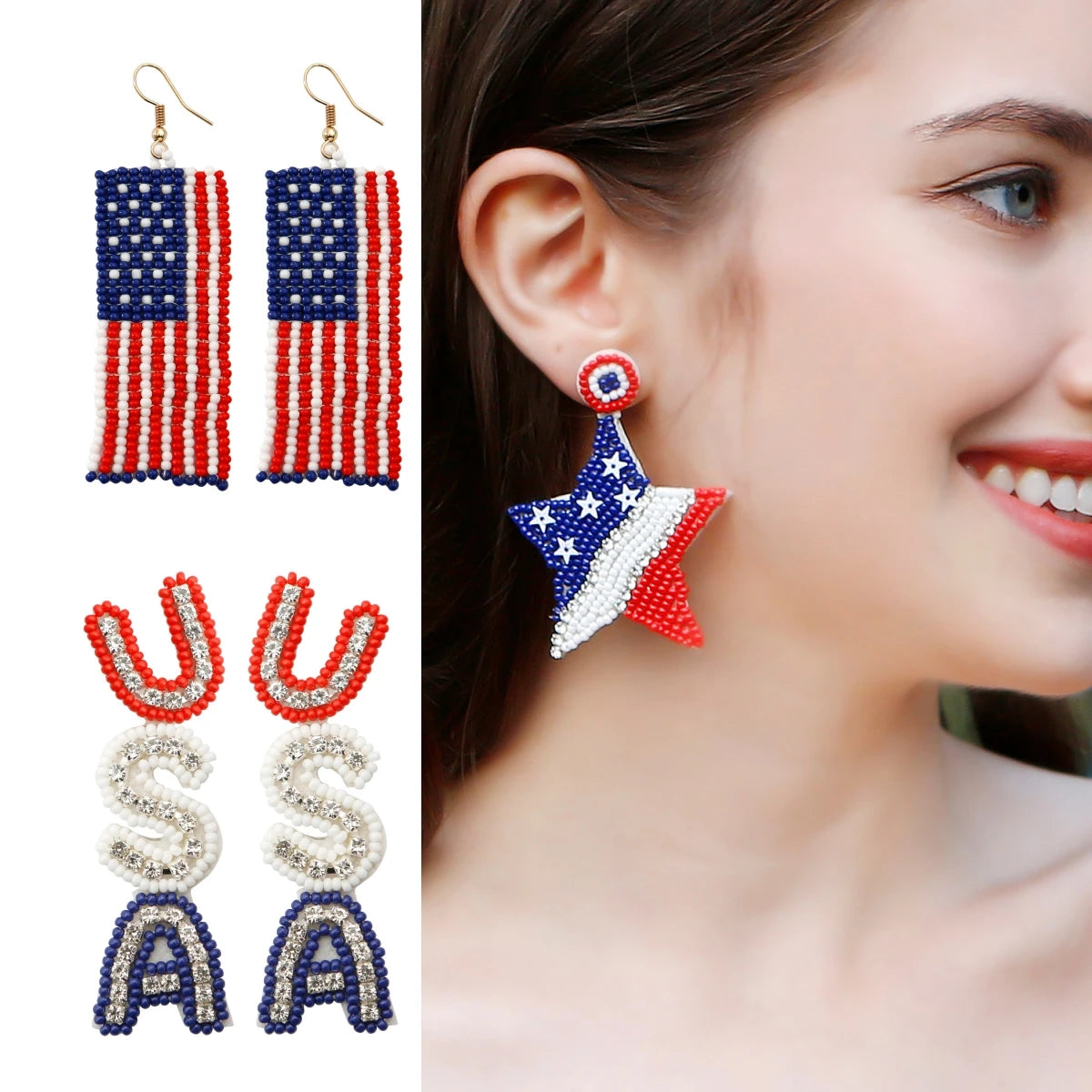 4th of July Jewelry Accessories Patriotic USA Independence Day America Flag Star Stripe Seed Beaded Dangle Earrings for Women