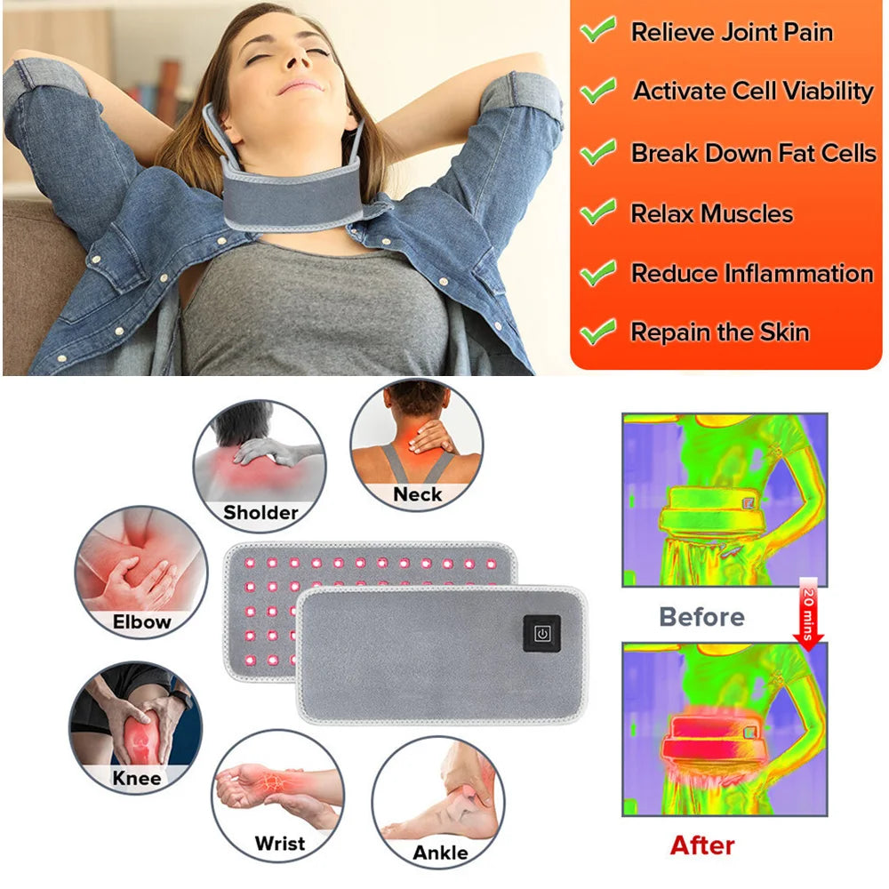 60LEDs Red Belt Fat Burner Slimming Heat Pad Light Therapy For Neck Waist Back Muscle Pain Relief