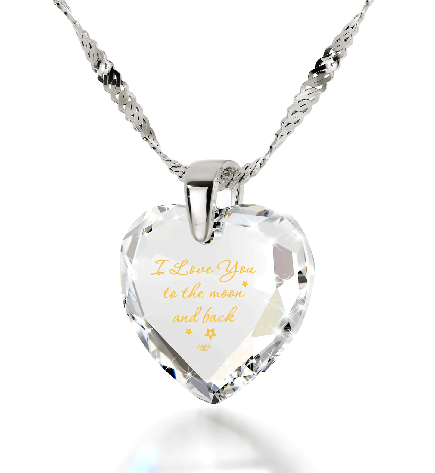 925 Sterling Silver I Love You to The Moon and Back Necklace 24k Gold Inscribed Heart Cubic Zirconia Pendant