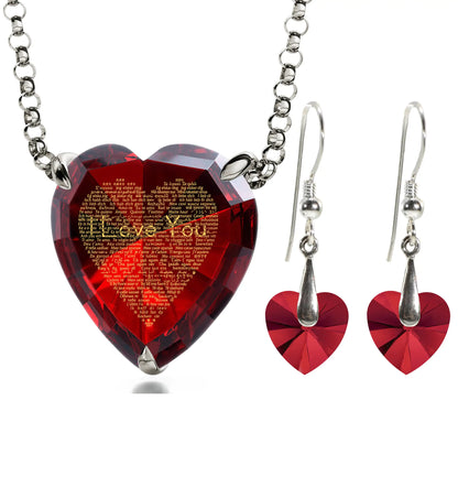 925 Silver Heart Jewelry Set 120 Languages I Love You Necklace and Crystal Earrings