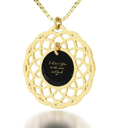 Gold Plated Silver I Love You To The Moon and Back Necklace Mandala Pendant 24k Gold Inscribed